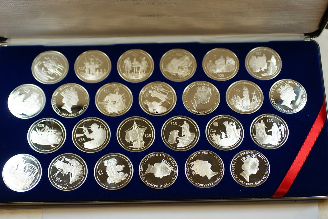 Set of 25 Silver 1992 British Virgin Islands $25 Proof Coins in Case: Set of 25 Silver 1992 British Virgin Islands $25 Proof Coins in Case This 1992 $25 British Virgin Islands 500th Anniversary Proof Coin Set features 25 uncirculated coins, each struck in .925 sterling 