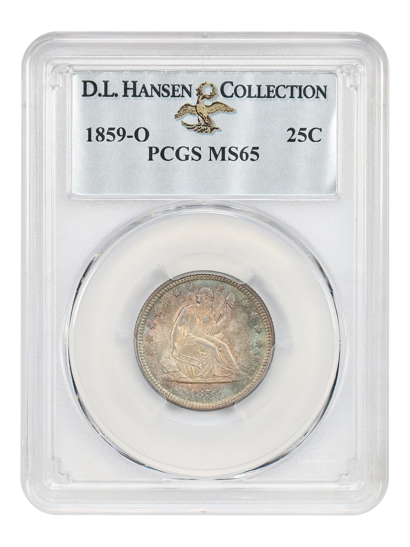 PCGS MS65 1859-O Liberty Seated Quarter ex D.L. Hansen: PCGS MS65 1859-O Liberty Seated Quarter ex D.L. Hansen 1859-O Liberty Seated Quarter certified by PCGS in MS65 and pedigreed ex: D.L. Hansen. The 1859-O comes from a low mintage of only 260,000 pieces