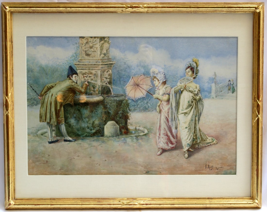 19th Century Watercolor by Moretti 'At the Fountain' Framed Signed Original: 19th Century Watercolor by Moretti 'At the Fountain' Framed Signed Original This exquisite original 19th Century watercolor painting by the renowned listed artist Moretti is titled "At the Fountain." 