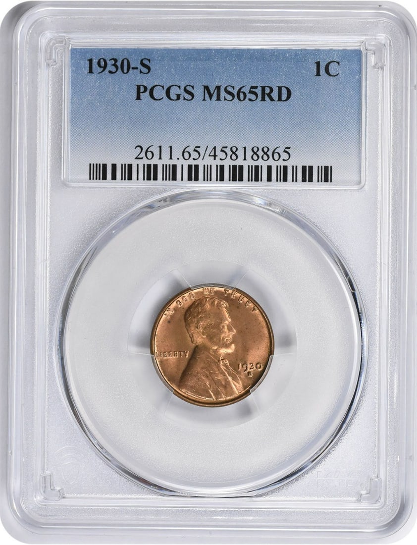 1930-S Lincoln Cent MS65RD PCGS Uncirculated San Francisco Mint: 1930-S Lincoln Cent MS65RD PCGS Uncirculated San Francisco Mint This 1930-S Lincoln Cent, graded MS65RD by PCGS, showcases exceptional quality and detail. The coin is uncirculated, reflecting its pris