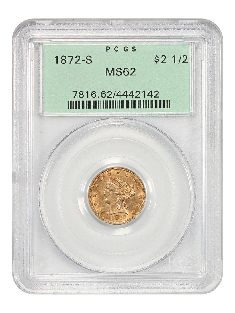 1872 S Liberty Head Quarter Eagle $2.50 PCGS MS62 OGH: 1872 S Liberty Head Quarter Eagle $2.50 PCGS MS62 OGH 1872-S Liberty Head $2.50 gold coin certified by PCGS in MS62 and housed in an OGH. This low mintage date saw just 18,000 coins struck. PCGS has g