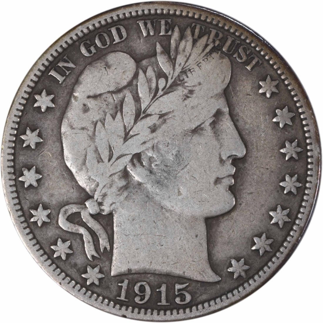 1915 United States Barber 50C Silver Half Dollar Uncertified F: 1915 United States Barber 50C Silver Half Dollar Uncertified F 1915 Barber Half Dollar coin struck in silver. This circulated, uncertified example is graded F and is offered as a pre-owned coin. Speci