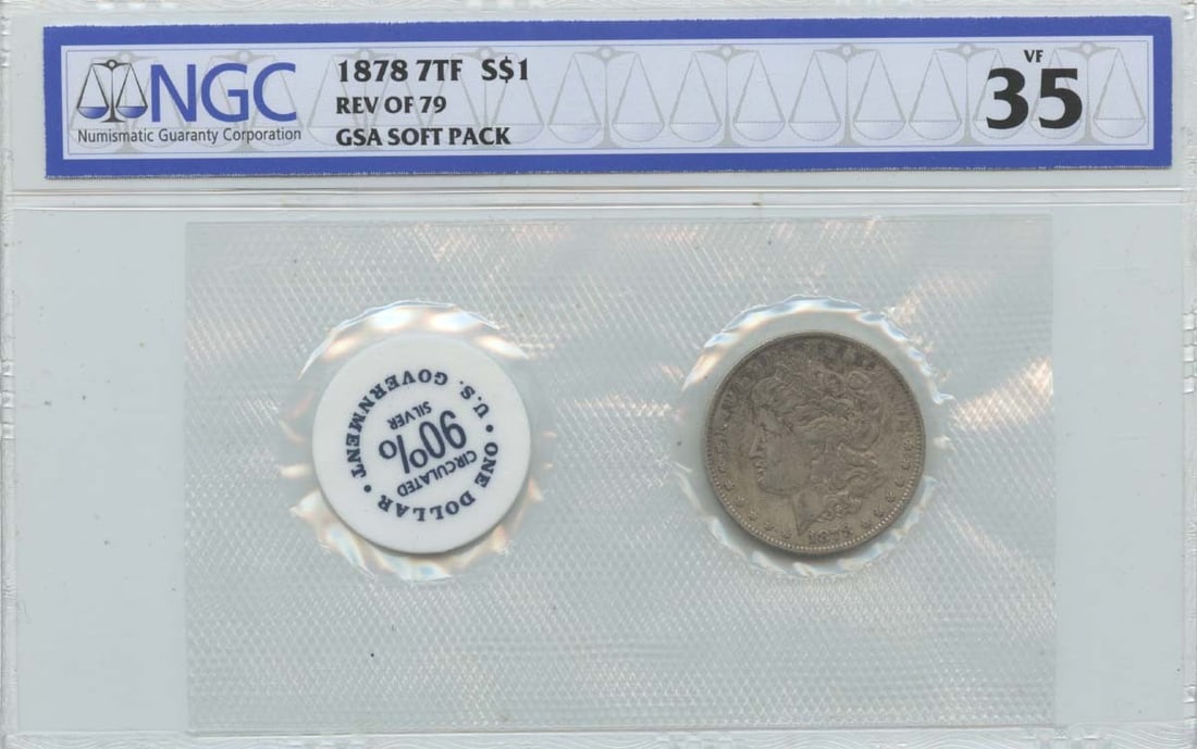 NGC VF35 1878 Morgan Dollar 7 Tail Feathers Reverse of 79 GSA Soft Pack: NGC VF35 1878 Morgan Dollar 7 Tail Feathers Reverse of 79 GSA Soft Pack This is an 1878 Morgan Dollar featuring the 7 Tail Feathers Reverse of 1879 variety. Certified by NGC with a grade of VF35, this