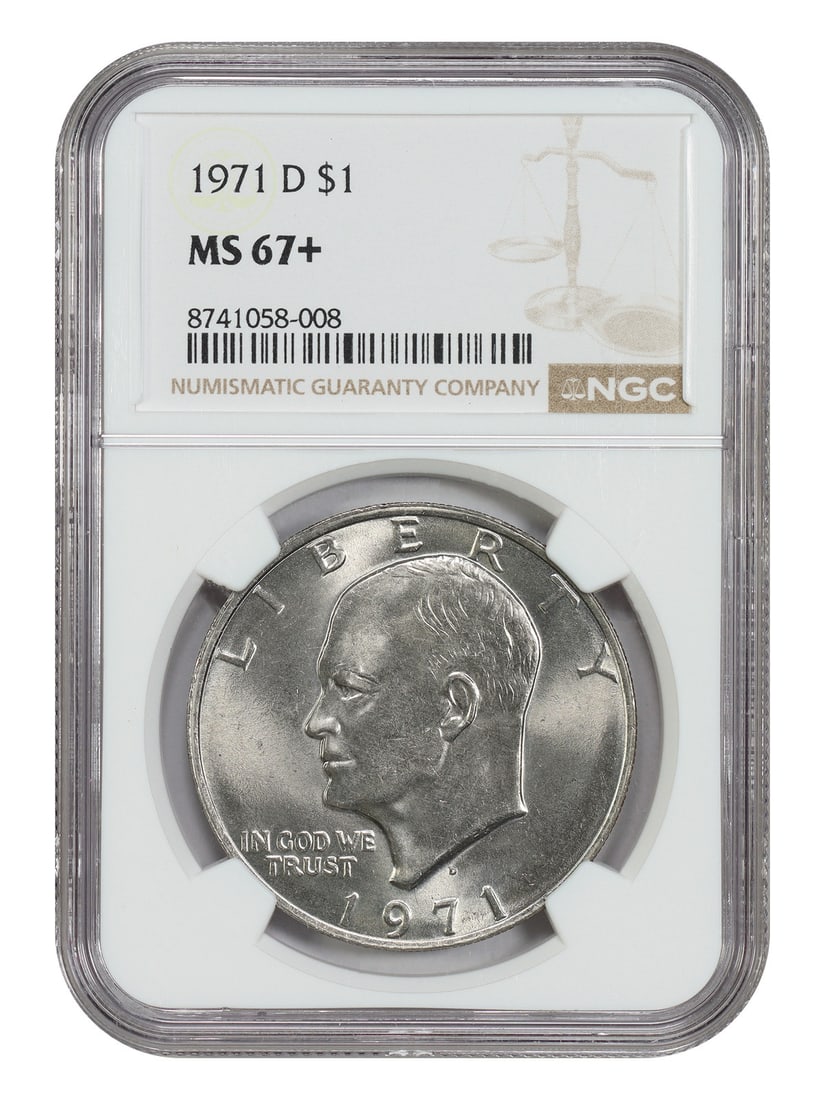 NGC MS67+ 1971-D Eisenhower Dollar $1: NGC MS67+ 1971-D Eisenhower Dollar $1 1971-D Ike Dollar certified by NGC in MS67+ grade. This uncirculated example is described as a high-end coin with light blue hues appreciable. Pre-owned. Specific