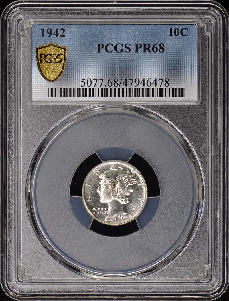 1942 Mercury Dime PCGS PR68 Uncirculated Proof Coin: 1942 Mercury Dime PCGS PR68 Uncirculated Proof Coin This exquisite 1942 Mercury Dime is graded PR68 by PCGS, ensuring its exceptional quality and pristine condition. As a proof coin from the Philadelp