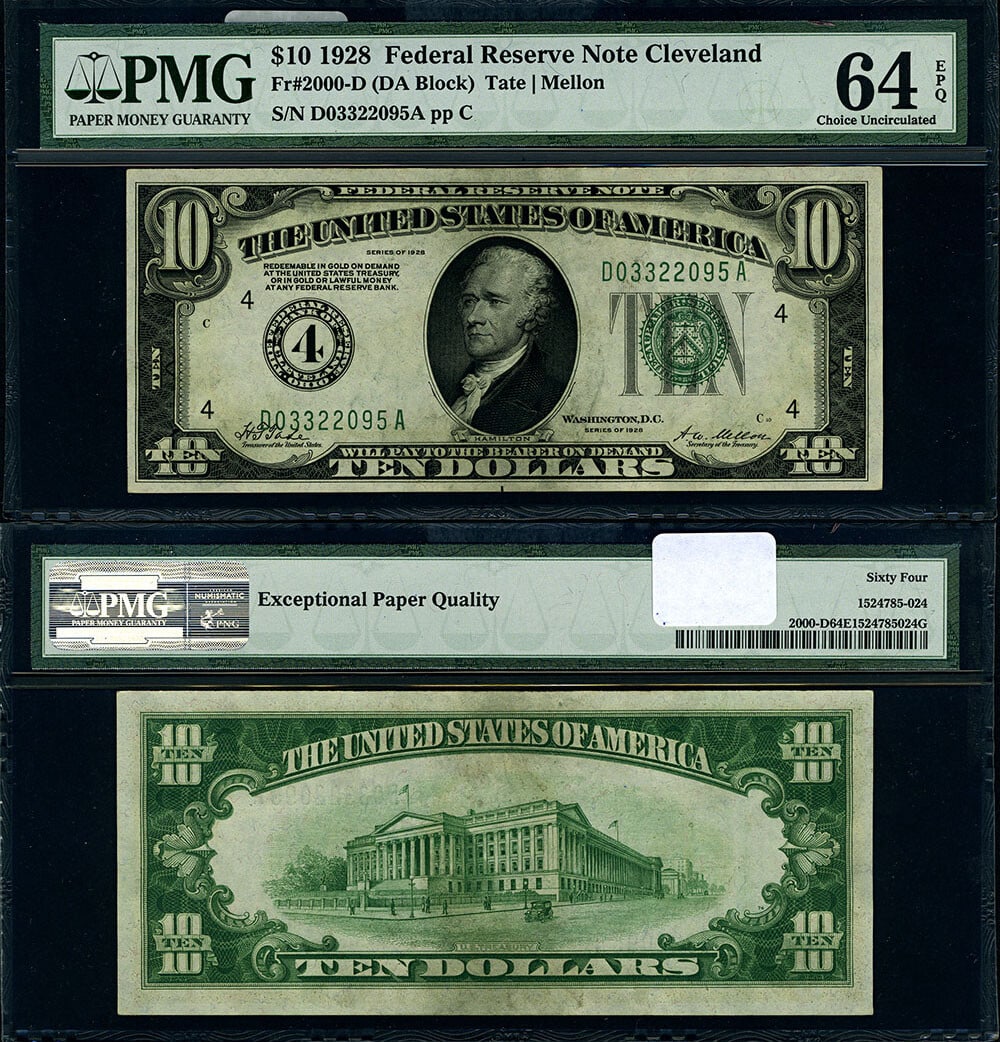 1928 $10 Federal Reserve Note Cleveland D-A Block PMG CU64 EPQ: 1928 $10 Federal Reserve Note Cleveland D-A Block PMG CU64 EPQ This 1928 Federal Reserve Note features a denomination of $10 and is a Cleveland D-A Block example. Graded as Choice Uncirculated (CU64 E