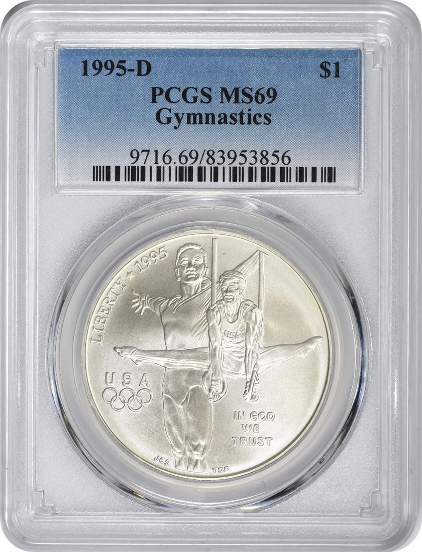 PCGS MS69 1995-D US Olympic Gymnastics Silver Commemorative Dollar: PCGS MS69 1995-D US Olympic Gymnastics Silver Commemorative Dollar This 1995-D Gymnastics Olympic Silver Commemorative Dollar is an uncirculated United States coin graded MS69 by PCGS. It is a silver 