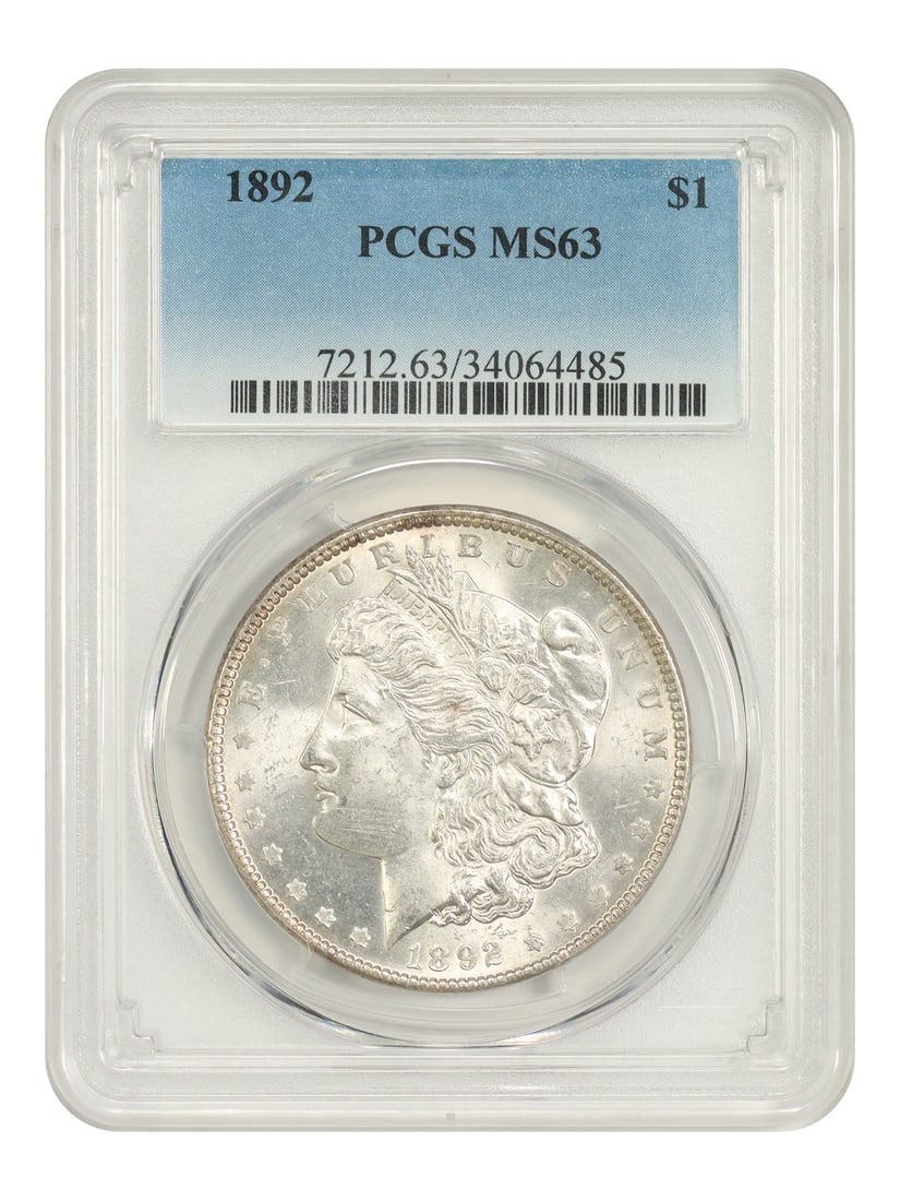 1892 Morgan Dollar $1 PCGS MS63 Philadelphia Mint Better Date: 1892 Morgan Dollar $1 PCGS MS63 Philadelphia Mint Better Date 1892 Morgan Dollar $1 from the Philadelphia Mint, certified by PCGS as MS63. The coin is uncirculated and pre-owned, with certification nu