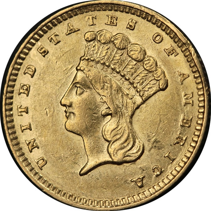 1857 P Indian Princess Gold Dollar Type 3 Nice AU: 1857 P Indian Princess Gold Dollar Type 3 Nice AU This 1857-P Type 3 Indian Princess Gold $1 coin is an attractive circulated example with appealing luster, strong strike, and pleasing color. It is gr