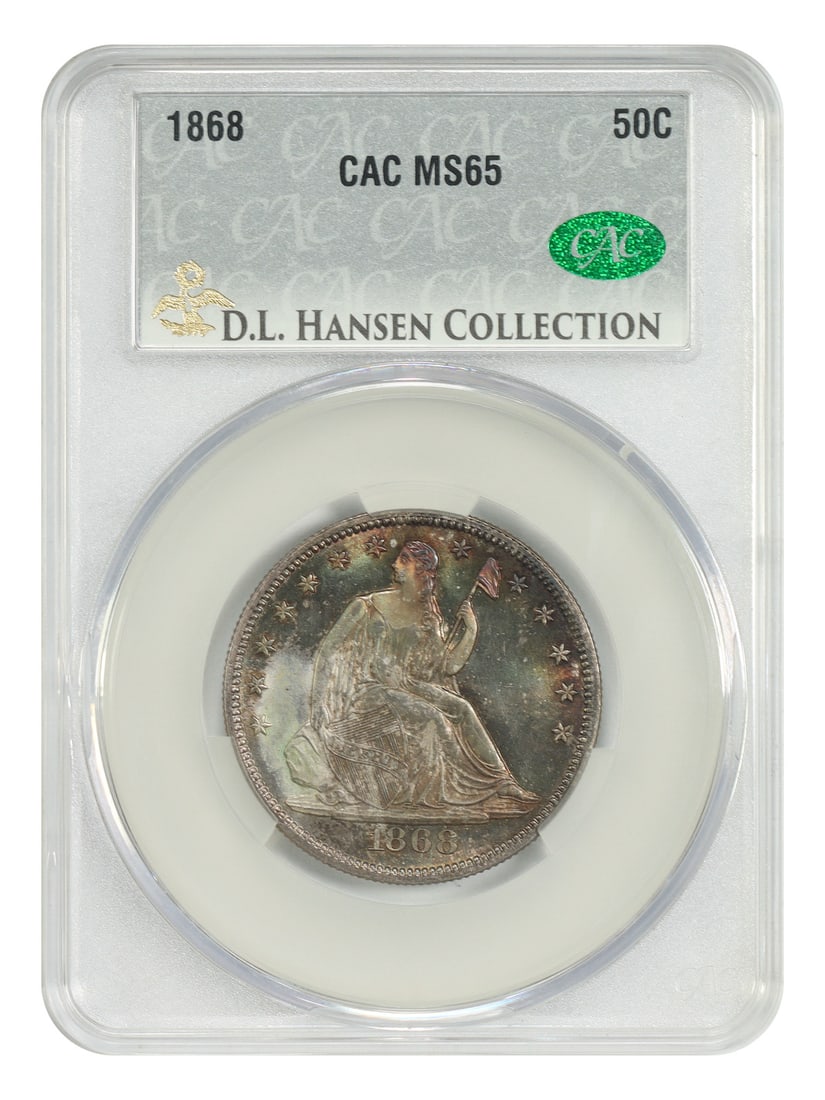 Liberty Seated Half Dollar 1868 50C MS65 CACG ex D.L. Hansen: Liberty Seated Half Dollar 1868 50C MS65 CACG ex D.L. Hansen 1868 Liberty Seated Half Dollar, denomination 50C, graded MS65 by CACG and noted ex: D.L. Hansen. A challenging issue to locate in Mint Sta