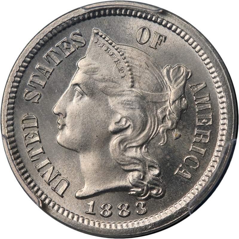 1883 Proof 3 Cent Nickel PCGS PR66 with CAC: 1883 Proof 3 Cent Nickel PCGS PR66 with CAC 1883 Three Cent Nickel proof coin with CAC sticker and PCGS PR66 grade. This pre-owned coin is described as having superb eye appeal, fantastic luster, a st