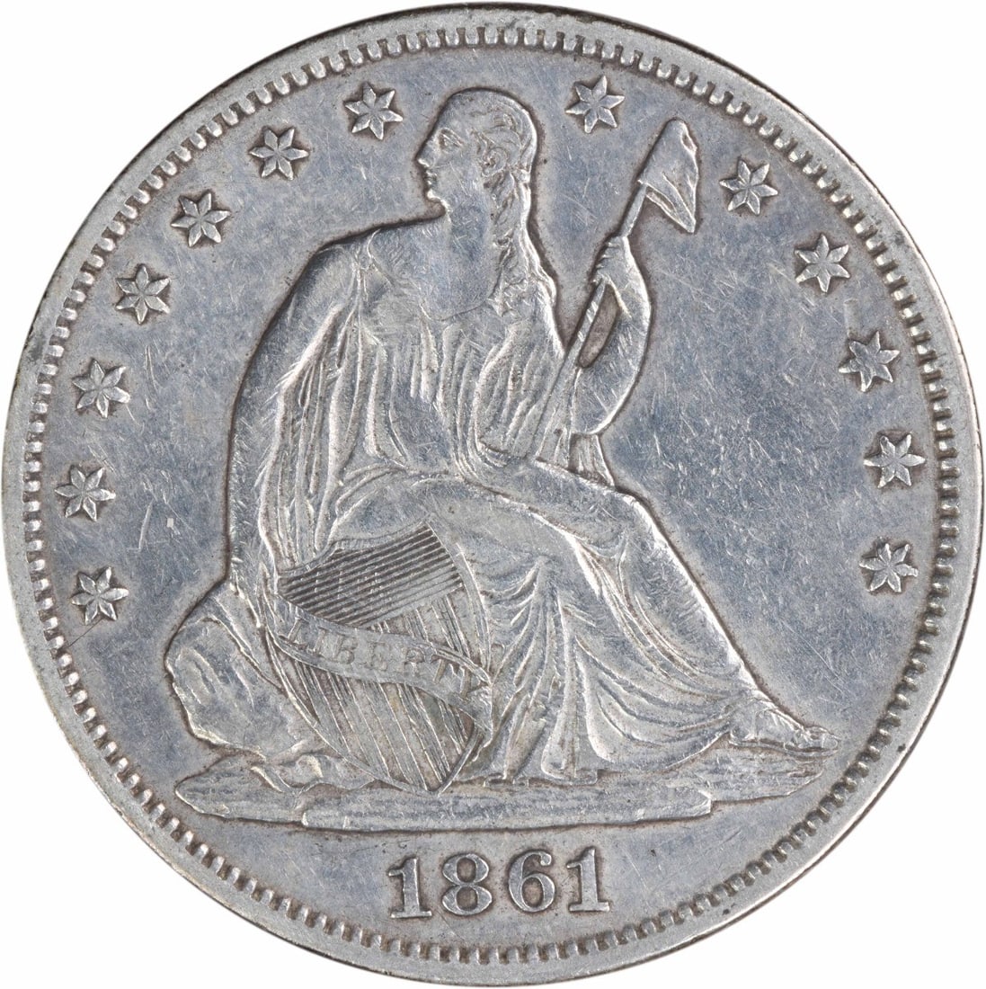 1861 Seated Liberty Half Dollar EF Philadelphia 90% Silver Uncertified: 1861 Seated Liberty Half Dollar EF Philadelphia 90% Silver Uncertified This 1861 Liberty Seated Half Dollar features the classic Seated Liberty design by Thomas Sully and Christian Gobrecht. Struck at