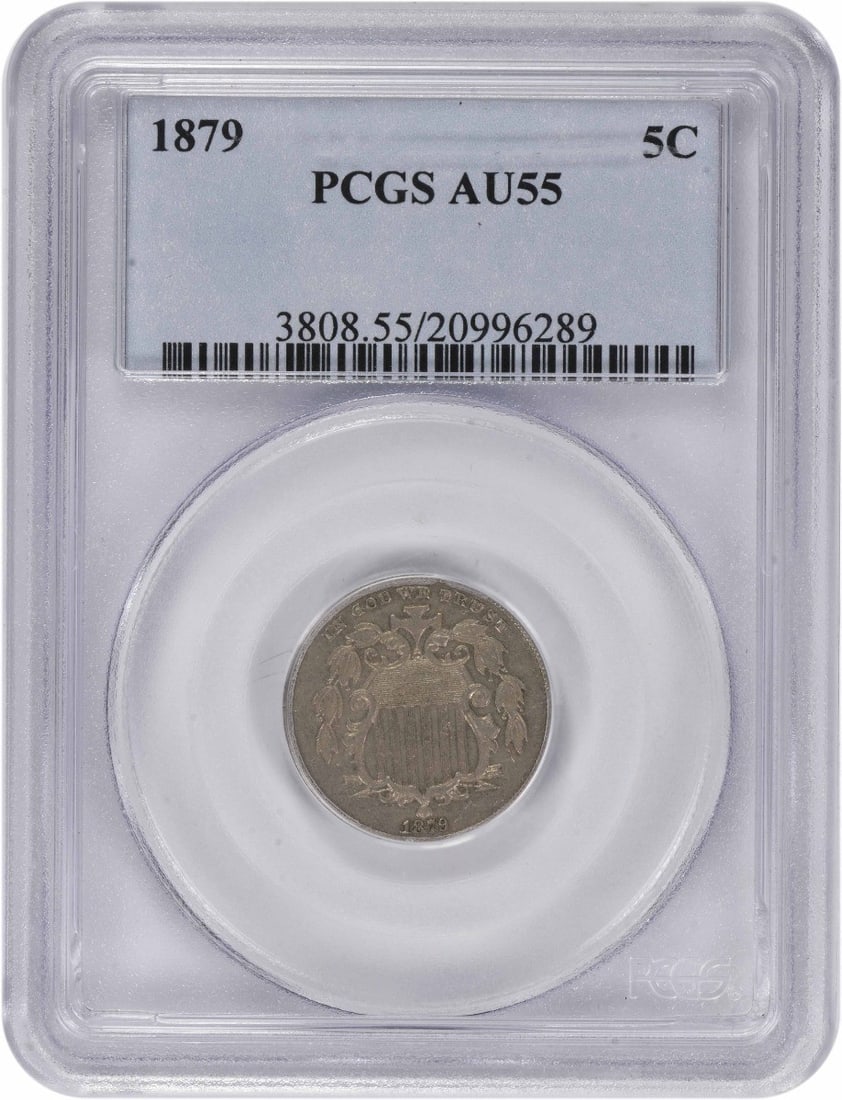 PCGS AU55 1879 United States Shield Nickel 5C: PCGS AU55 1879 United States Shield Nickel 5C 1879 Shield Nickel certified by PCGS and graded AU55. This circulated 5-cent coin features the Shield design by James Barton Longacre and is composed of 7