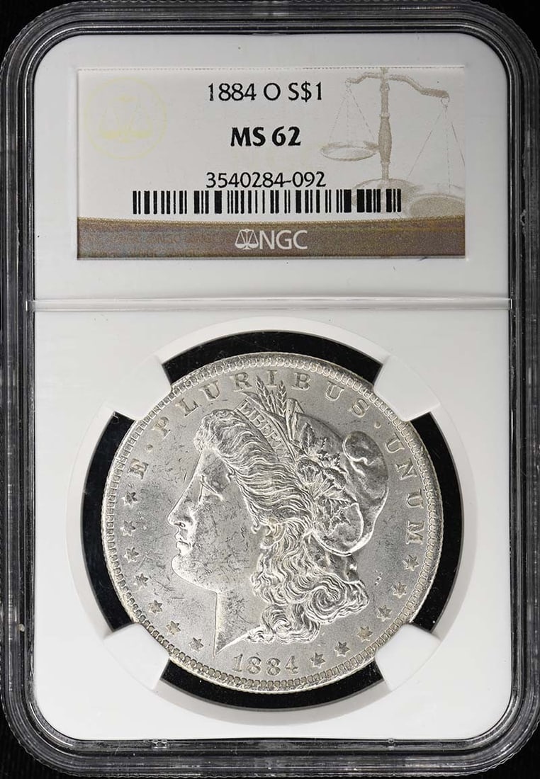 NGC MS62 1884 O Morgan Silver Dollar S$1: NGC MS62 1884 O Morgan Silver Dollar S$1 1884-O Morgan Dollar certified by NGC and graded MS62. This pre-owned coin is an uncirculated Morgan Dollar from the United States. Specifications Coin Type: M