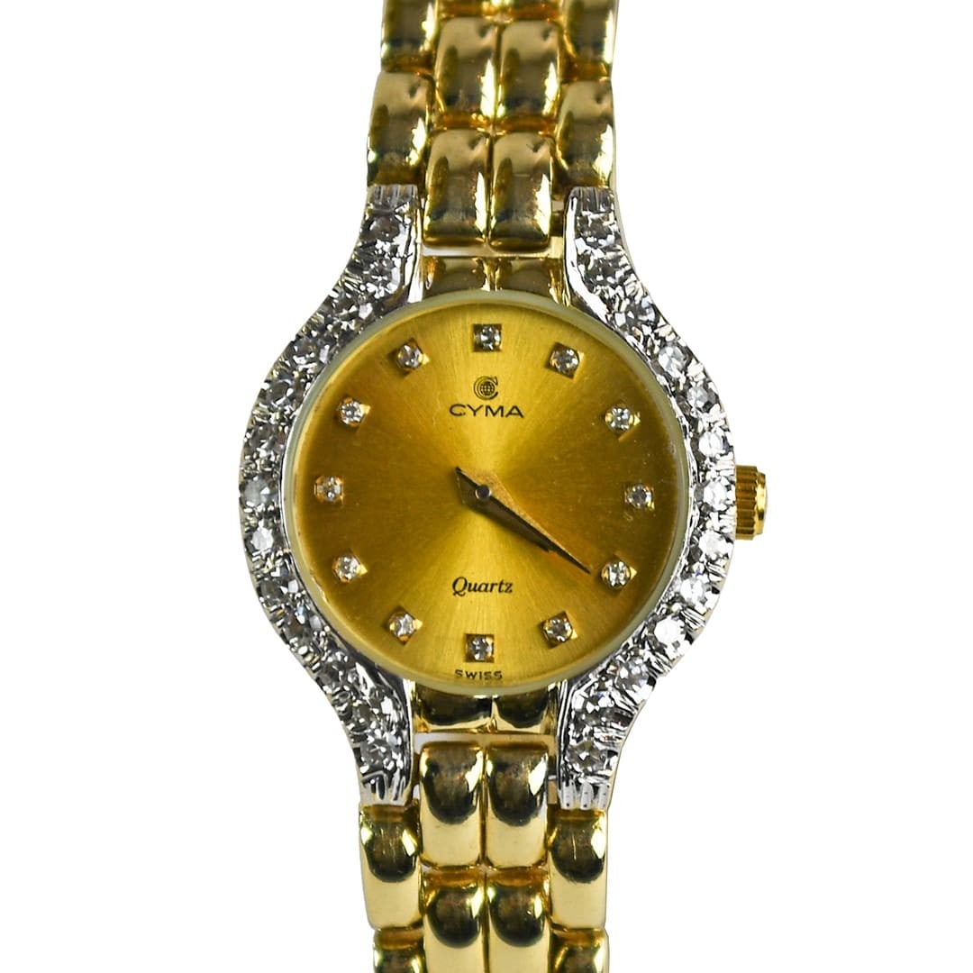 Cyma ladies wristwatch 14K yellow gold diamond dial bezel Swiss: Cyma ladies wristwatch 14K yellow gold diamond dial bezel Swiss Pre-owned Cyma women's Swiss wristwatch in 14k yellow gold with a diamond dial and diamond bezel. This round analog watch features a bra