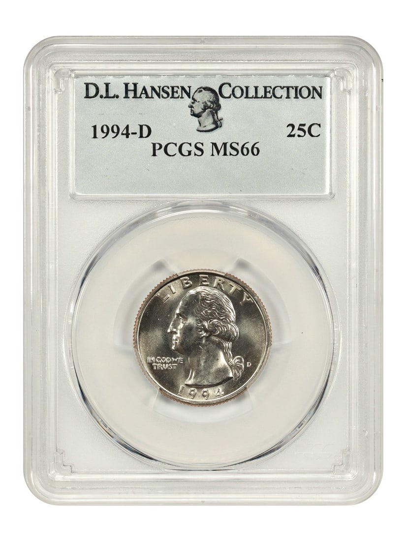 Washington Quarter 1994-D 25C PCGS MS66 ex D.L. Hansen: Washington Quarter 1994-D 25C PCGS MS66 ex D.L. Hansen 1994-D Washington Quarter certified by PCGS in MS66 grade. This uncirculated example is noted as ex: D.L. Hansen, and PCGS has graded only 22 fin