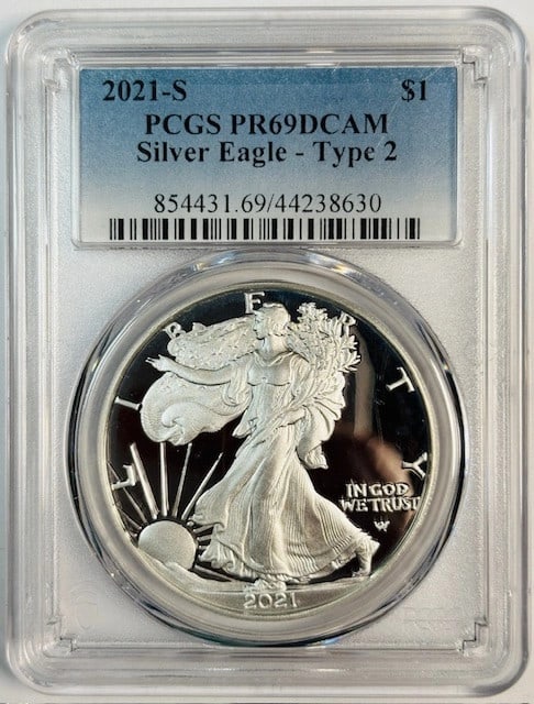 PCGS PR69 2021 San Francisco Silver Eagle Dollar Proof Type 2: PCGS PR69 2021 San Francisco Silver Eagle Dollar Proof Type 2 This 2021 S Silver Eagle is a proof coin graded PR 69 by PCGS. Struck at the San Francisco Mint, it features the Type 2 design and is comp