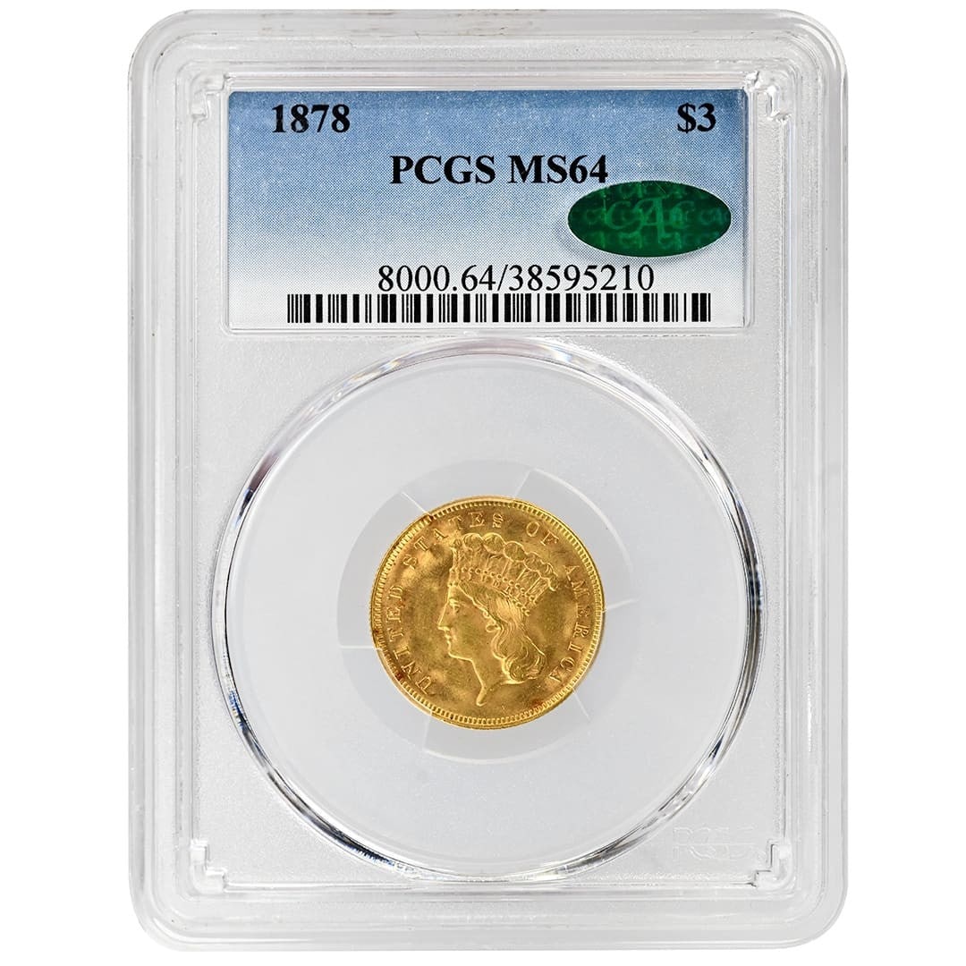 1878 Princess Head $3 Gold Coin PCGS MS64 CAC: 1878 Princess Head $3 Gold Coin PCGS MS64 CAC 1878 $3 Gold Princess Head rare coin from the United States. This pre-owned example is certified by PCGS and CAC and carries a grade of MS64. Specificatio