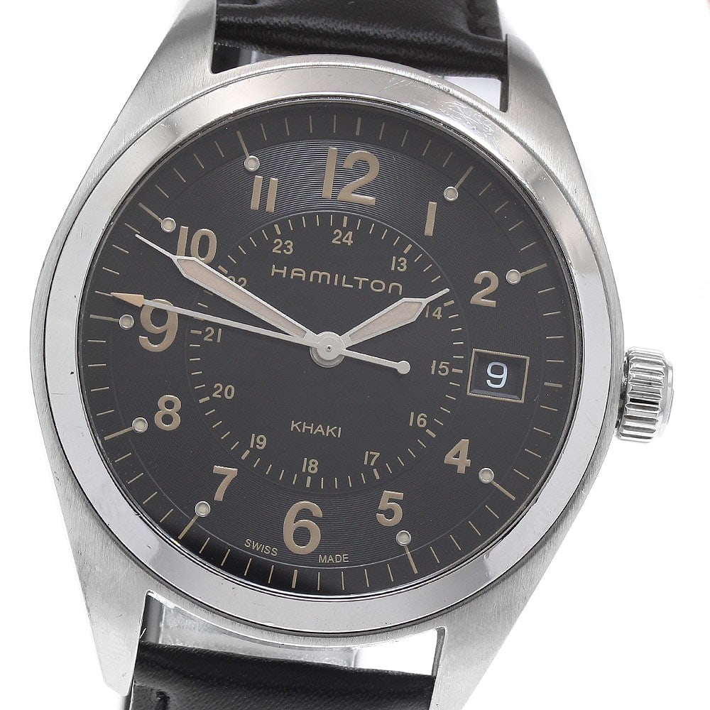 Hamilton Khaki Field Date Quartz Men's Stainless Steel Watch H685510: Hamilton Khaki Field Date Quartz Men's Stainless Steel Watch H685510 This Hamilton Khaki Field Date Quartz men's wristwatch features a stainless steel case and a black dial, paired with an unused non-