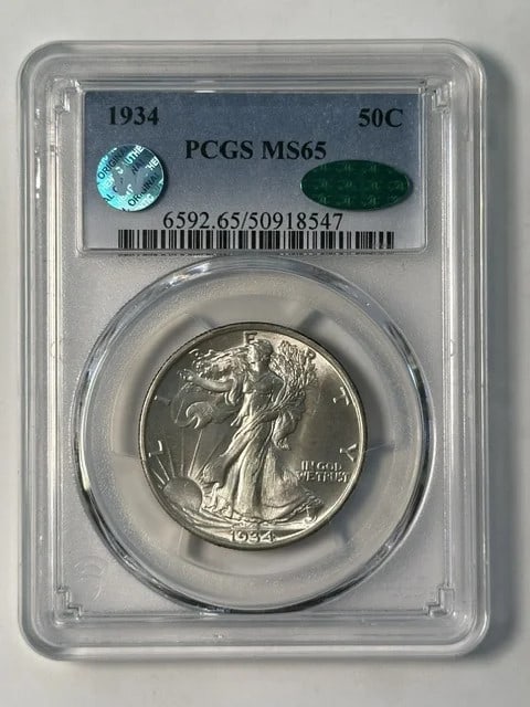 1934 Philadelphia Walking Liberty Half Dollar PCGS MS65 CAC Silver: 1934 Philadelphia Walking Liberty Half Dollar PCGS MS65 CAC Silver 1934 Walking Liberty Half Dollar certified by PCGS and CAC. This silver coin is graded MS 65 and noted as Sight White. Pre-owned. Spe