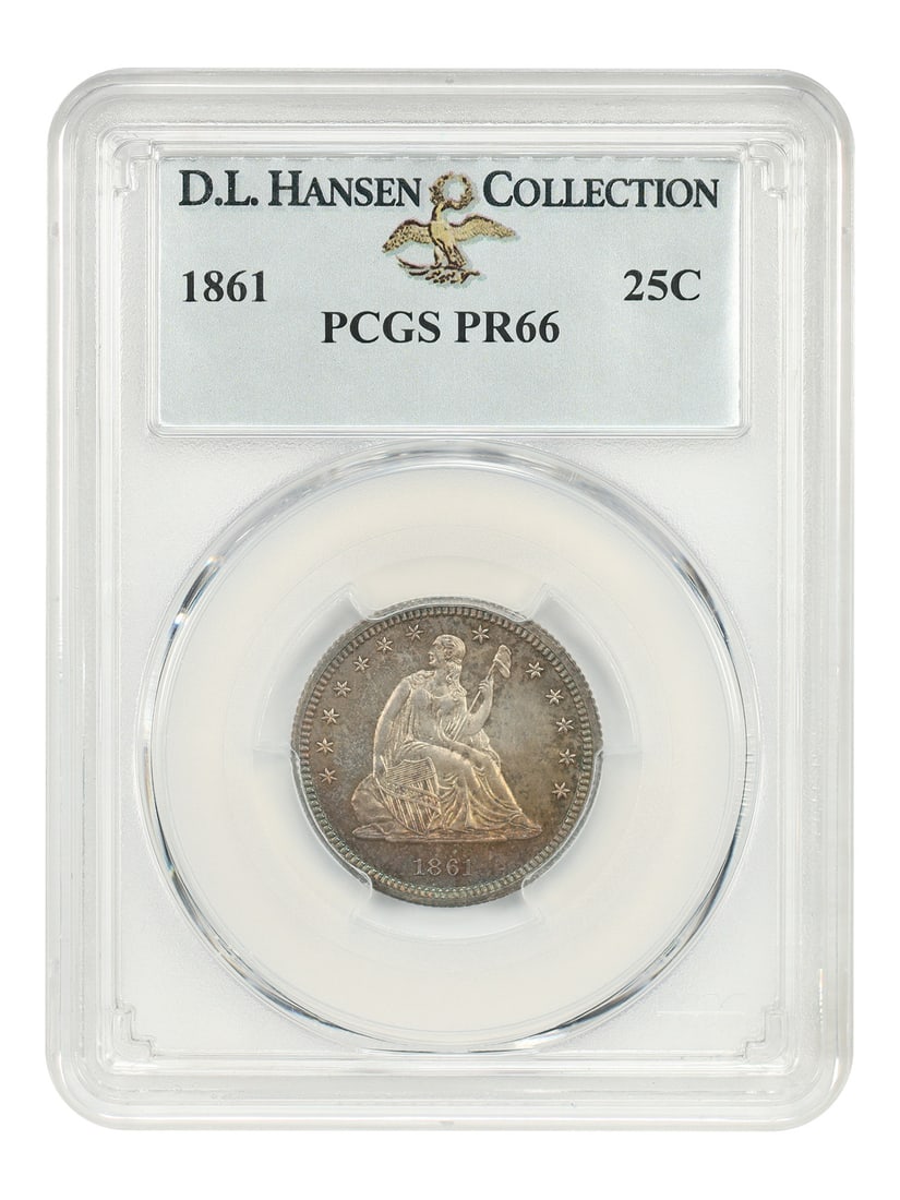 PCGS PR66 1861 Liberty Seated Quarter ex D.L. Hansen: PCGS PR66 1861 Liberty Seated Quarter ex D.L. Hansen 1861 Liberty Seated Quarter certified PR66 by PCGS. This Philadelphia proof issue is described as a prohibitively rare cameo example and unknown in