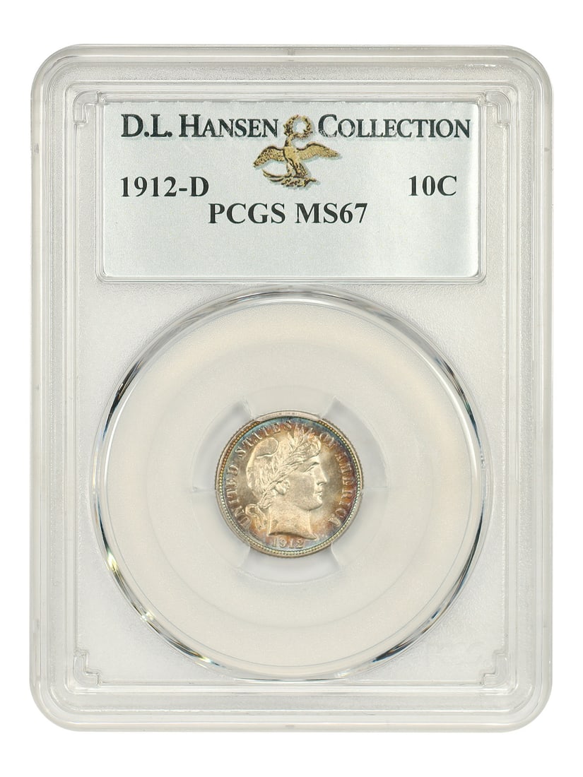 PCGS MS67 1912-D Barber Dime 10C Denver Mint: PCGS MS67 1912-D Barber Dime 10C Denver Mint 1912-D Barber Dime certified by PCGS in MS67. Just one example has been graded finer across all major grading services. Ex D.L. Hansen, this uncirculated c