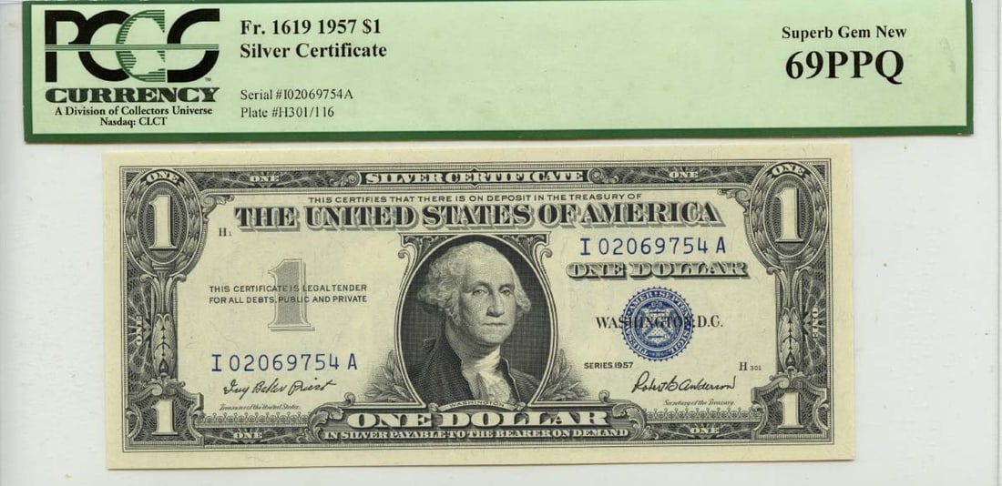 1957 $1 Silver Certificate FR#1619 PCGS MS69 Gem Uncirculated: 1957 $1 Silver Certificate FR#1619 PCGS MS69 Gem Uncirculated This 1957 $1 Silver Certificate, designated as FR#1619, has been certified by PCGS Currency with a remarkable grade of Superb Gem 69 PPQ. 