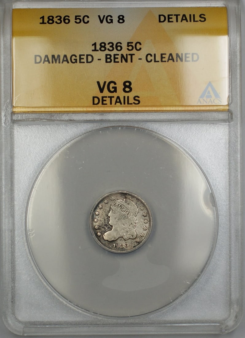 1836 Capped Bust Half Dime Small 5 Silver Coin ANACS VG-8 Details: 1836 Capped Bust Half Dime Small 5 Silver Coin ANACS VG-8 Details This 1836 Small 5 Capped Bust Half Dime is a circulated silver coin graded VG-8 Details by ANACS. Minted in Philadelphia, it features 