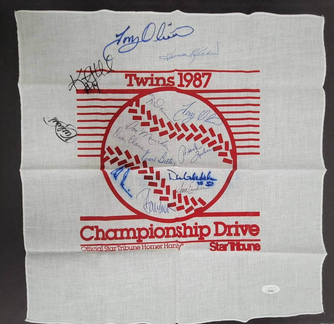 1987 Minnesota Twins Team Signed Homer Hanky with JSA COA: 1987 Minnesota Twins Team Signed Homer Hanky with JSA COA Celebrate the legacy of the 1987 Minnesota Twins with this team-signed Homer Hanky, featuring the iconic signatures of 14 former players, incl