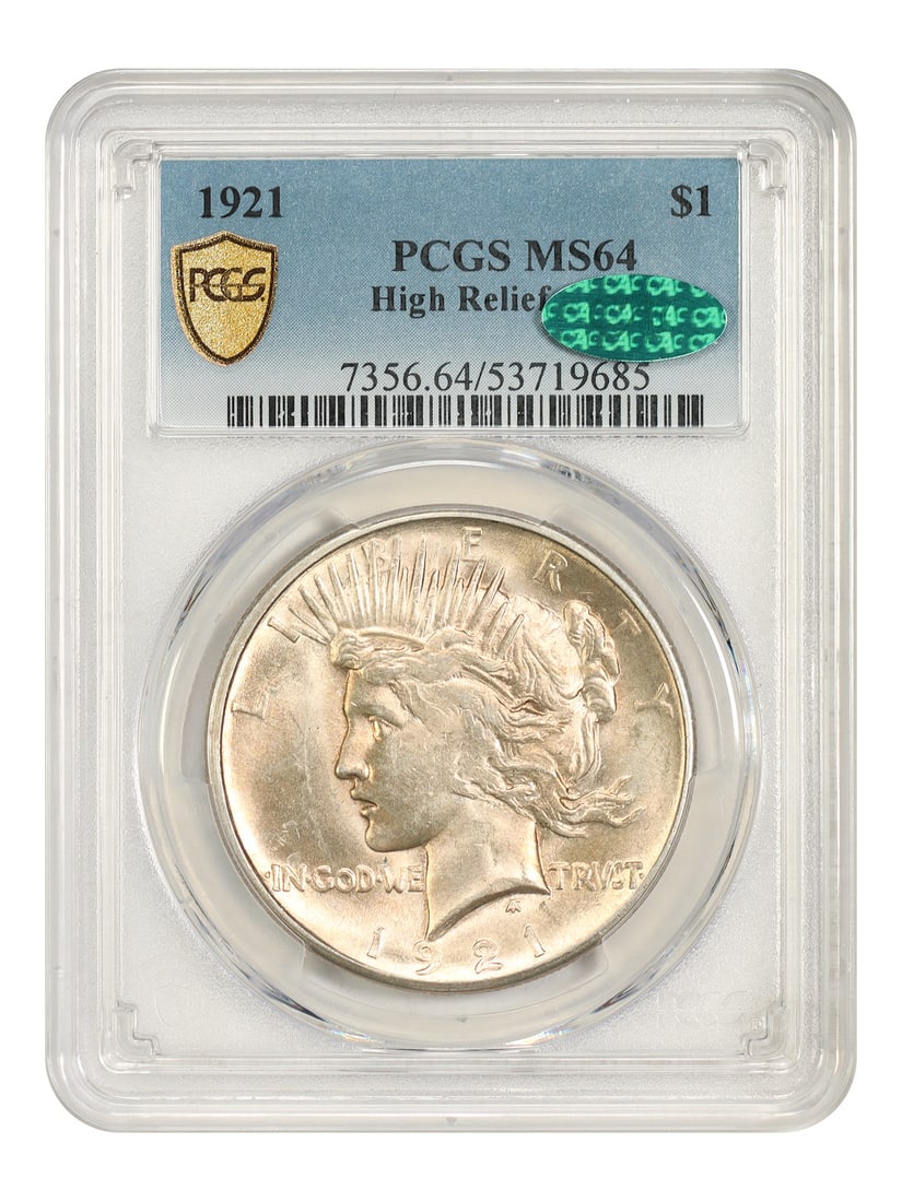 1921 Peace Dollar $1 High Relief PCGS CAC MS64 First Year Key Date: 1921 Peace Dollar $1 High Relief PCGS CAC MS64 First Year Key Date 1921 Peace Dollar key first-year issue struck in high relief. This uncirculated example is PCGS graded MS64 and CAC approved. The coi