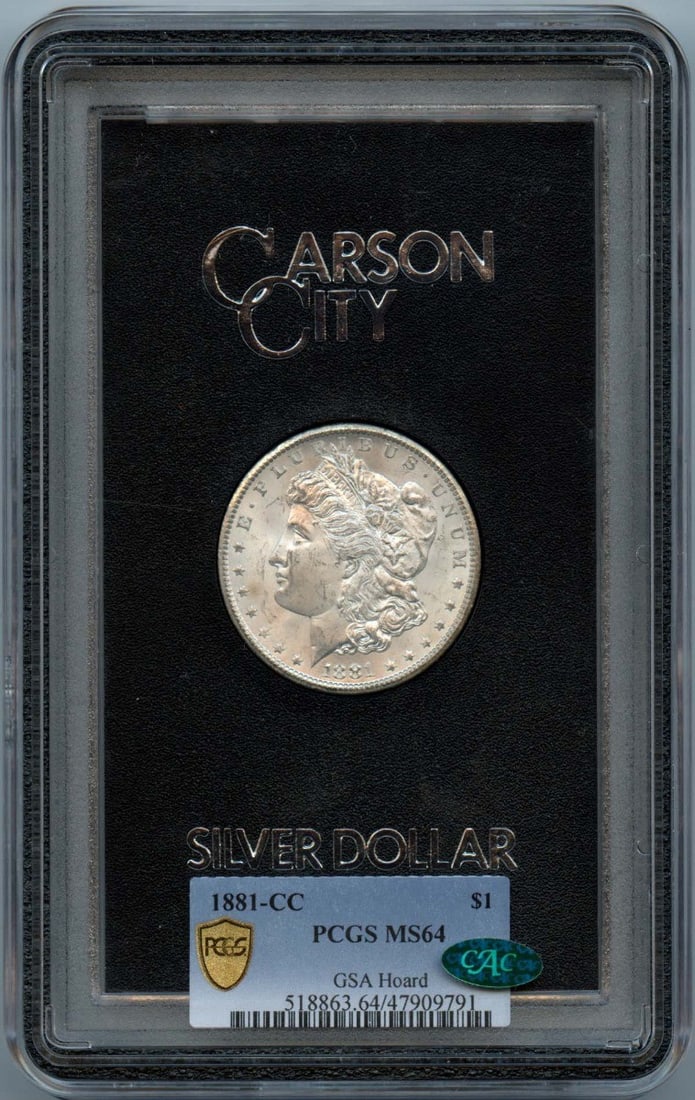 PCGS MS64 CAC 1881 Carson City Morgan Dollar GSA Hoard Silver Coin: PCGS MS64 CAC 1881 Carson City Morgan Dollar GSA Hoard Silver Coin This 1881-CC Morgan Dollar originates from the GSA Hoard and is certified by PCGS with a grade of MS64. It features the Carson City m