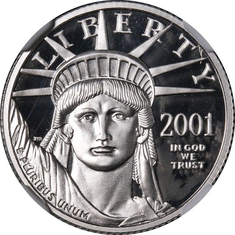 NGC PF70 Ultra Cameo 2001-W $25 Platinum Eagle 1/4 oz Coin: NGC PF70 Ultra Cameo 2001-W $25 Platinum Eagle 1/4 oz Coin This 2001-W Platinum American Eagle $25 coin features a composition of 0.9995 fine platinum and is certified by NGC with a PF70 Ultra Cameo g