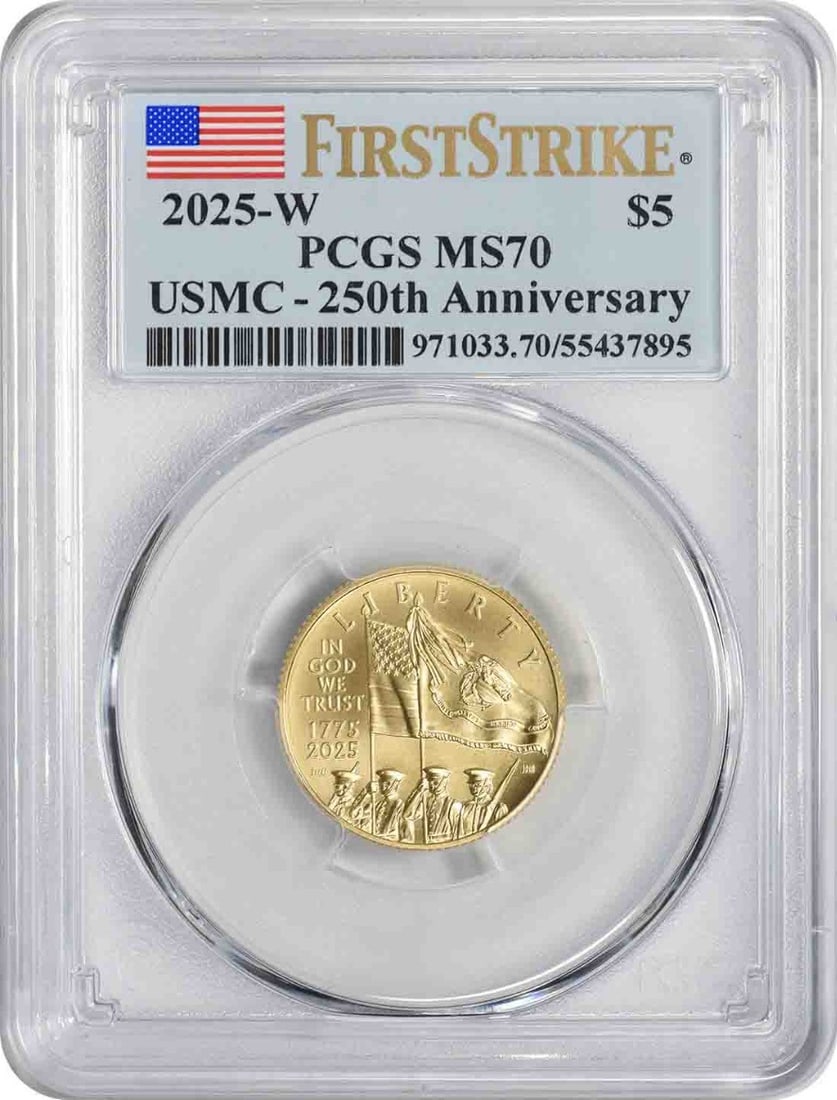 PCGS MS70 2025-W USMC 250th Anniversary $5 Gold Coin: PCGS MS70 2025-W USMC 250th Anniversary $5 Gold Coin This is a 2025-W U.S. Marine Corps 250th Anniversary $5 gold coin, graded MS70 by PCGS. The coin is uncirculated and was minted at the West Point M