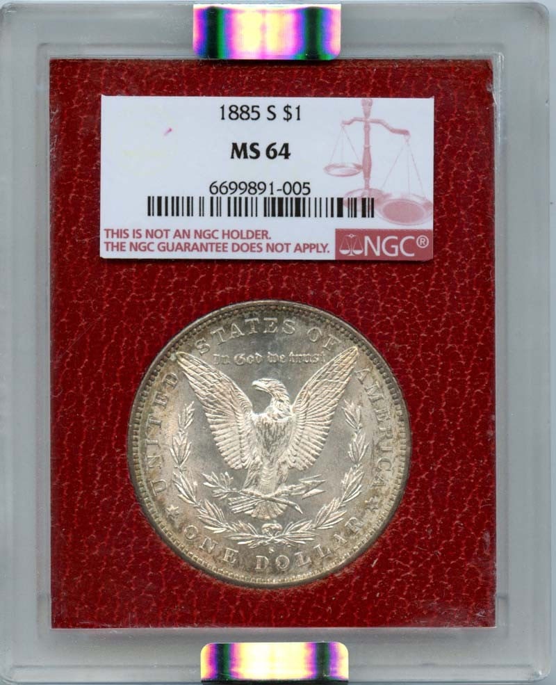 1885-S Morgan Dollar NGC MS64 Uncirculated Silver Coin: 1885-S Morgan Dollar NGC MS64 Uncirculated Silver Coin This 1885-S Morgan Dollar is a stunning piece of history, certified by NGC with a grade of MS64. Struck in San Francisco, this coin is uncirculat