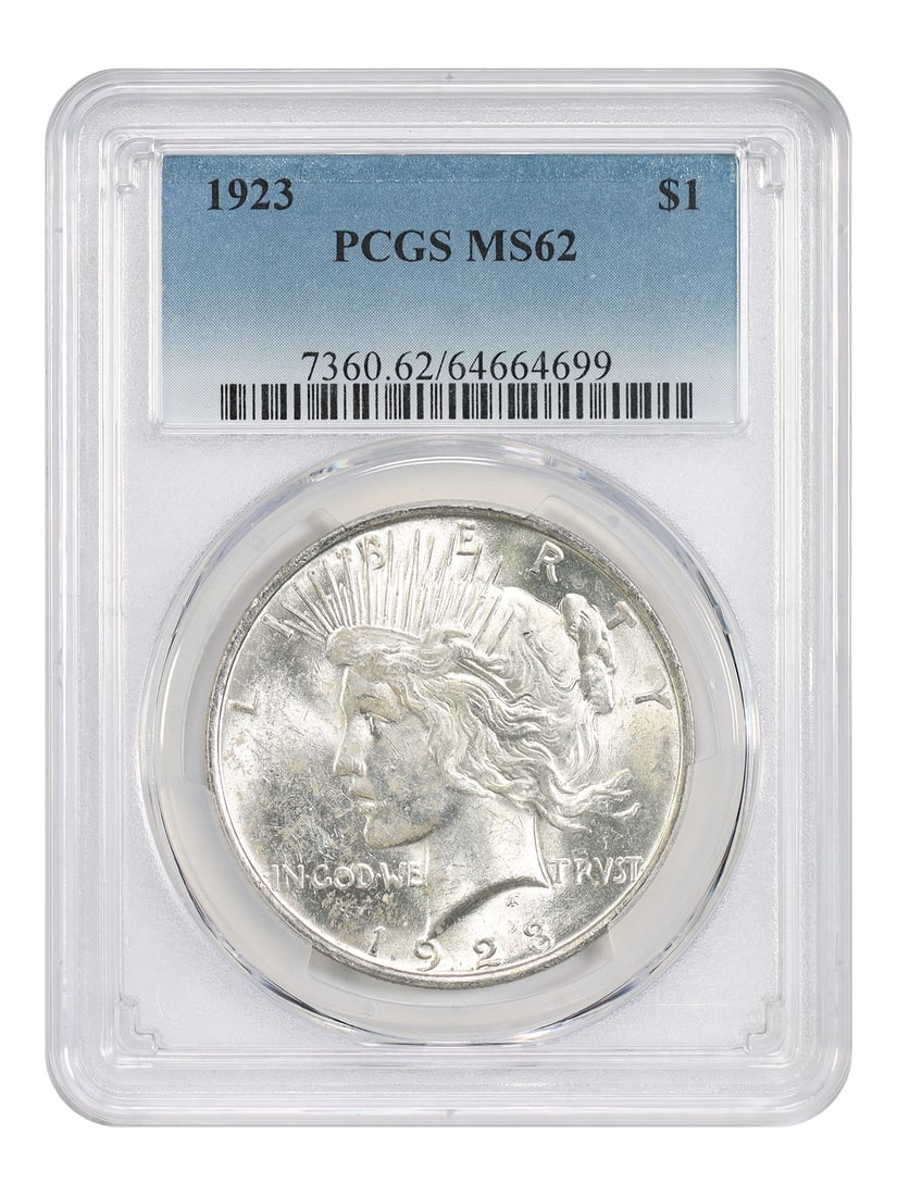 PCGS MS62 Certified 1923 Peace Dollar $1 Coin: PCGS MS62 Certified 1923 Peace Dollar $1 Coin This 1923 Peace Dollar is a $1 coin from the Philadelphia Mint and is certified by PCGS with certification number 64664699. It is graded MS62 and is liste