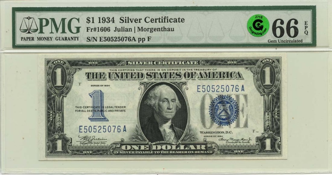 PMG 66 EPQ 1934 One Dollar Silver Certificate Fr 1606: PMG 66 EPQ 1934 One Dollar Silver Certificate Fr 1606 1934 $1 Silver Certificate from the United States, professionally graded by PMG as GEM 66 EPQ. This pre-owned note is listed as uncirculated and f