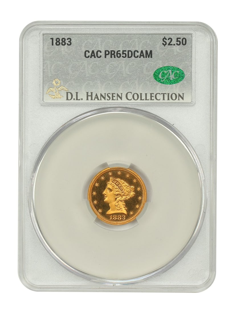 1883 Liberty Head $2.50 Proof CACG PR65DCAM: 1883 Liberty Head $2.50 Proof CACG PR65DCAM 1883 Liberty Head $2.50 proof coin certified by CACG as PR65DCAM. Struck at the Philadelphia Mint, this uncirculated example features medium orange-gold sur
