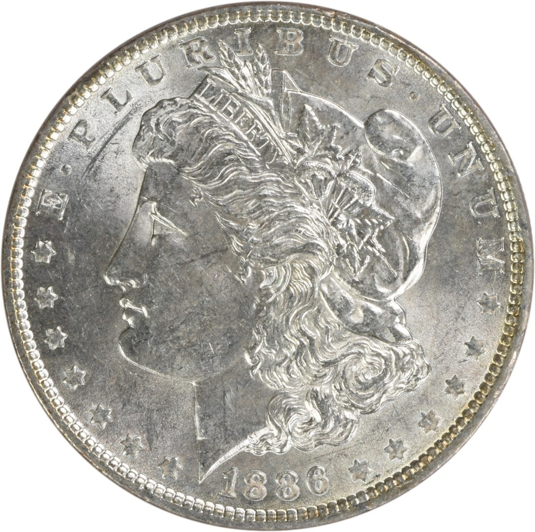 Choice BU 1886 Silver Morgan Dollar Uncertified Philadelphia: Choice BU 1886 Silver Morgan Dollar Uncertified Philadelphia This is an 1886 Morgan Silver Dollar in Choice Brilliant Uncirculated condition. The coin is composed of silver, has no mint mark, and is u