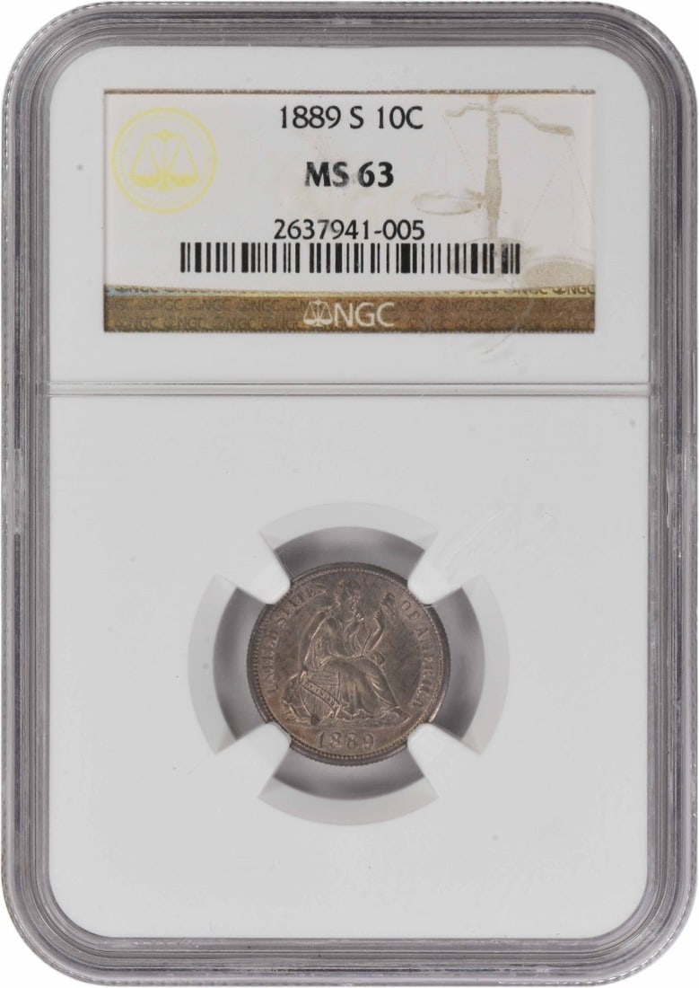 MS63 NGC Seated Liberty Dime 1889 San Francisco 90% Silver: MS63 NGC Seated Liberty Dime 1889 San Francisco 90% Silver This 1889-S Liberty Seated Silver Dime is graded MS63 by NGC and remains uncirculated. Struck at the San Francisco Mint, this coin features t