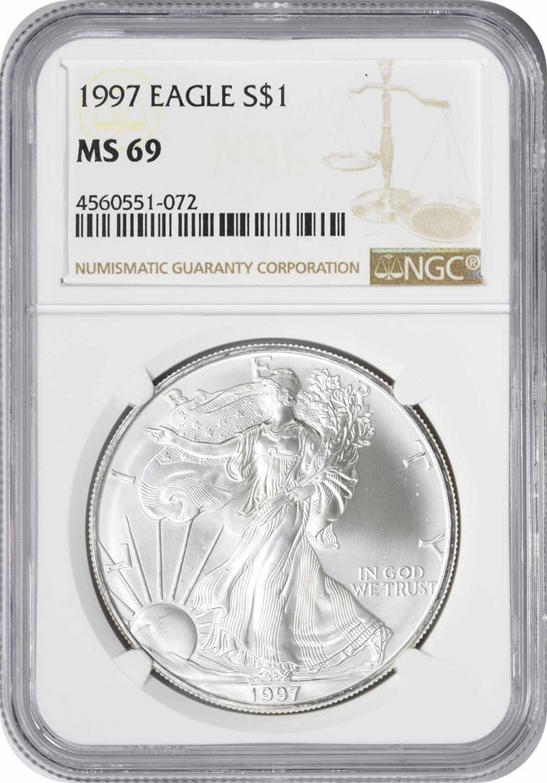 1997 NGC MS69 American Silver Eagle 1 oz Coin: 1997 NGC MS69 American Silver Eagle 1 oz Coin This 1997 American Silver Eagle Dollar features one ounce of .999 fine silver and is graded MS69 by NGC. Issued by the U.S. Mint, this pre-owned coin is a