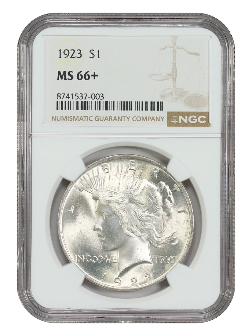 NGC MS66+ 1923 Peace Dollar $1 Philadelphia Mint: NGC MS66+ 1923 Peace Dollar $1 Philadelphia Mint 1923 Peace Dollar $1, certified by NGC and graded MS66+. Minted in Philadelphia, this uncirculated coin is identified by certification number 874153700