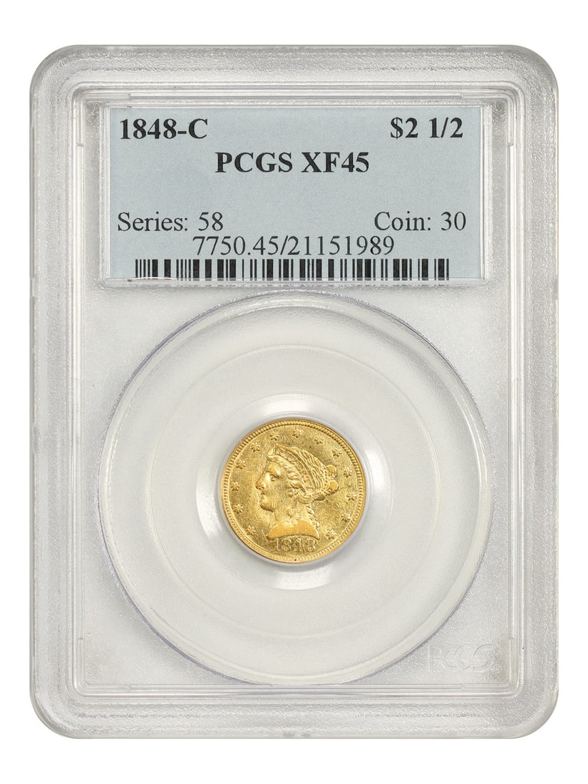 PCGS XF45 1848-C Liberty Head $2.50 Charlotte Mint Gold Coin: PCGS XF45 1848-C Liberty Head $2.50 Charlotte Mint Gold Coin 1848-C Liberty Head $2.50 gold coin certified by PCGS and graded XF45. This is a circulated Charlotte issue with a low mintage of 16,788 co