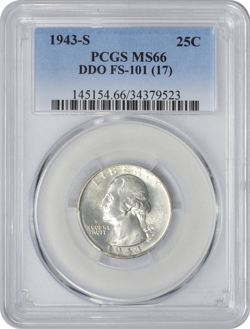 1943-S Washington Silver Quarter DDO MS66 PCGS Uncirculated: 1943-S Washington Silver Quarter DDO MS66 PCGS Uncirculated This 1943-S Washington Silver Quarter is a remarkable piece for any coin collector. Certified by PCGS, it boasts an impressive grade of MS66