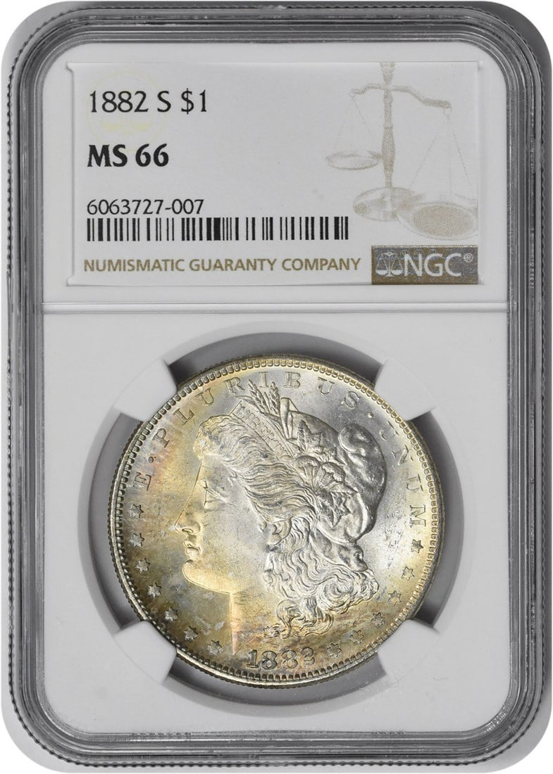 NGC MS66 San Francisco 1882 Morgan Dollar 90% Silver Coin: NGC MS66 San Francisco 1882 Morgan Dollar 90% Silver Coin This 1882-S Morgan Silver Dollar is certified MS66 by NGC. Struck at the San Francisco Mint, this uncirculated coin features a composition of 