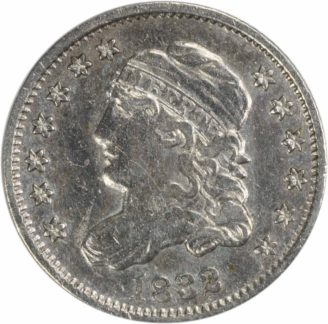 1832 Capped Bust Silver Half Dime by Kneass Uncertified: 1832 Capped Bust Silver Half Dime by Kneass Uncertified This 1832 Bust Silver Half Dime is a remarkable piece for coin collectors. It features a Capped Bust design by William Kneass and is made of 89.