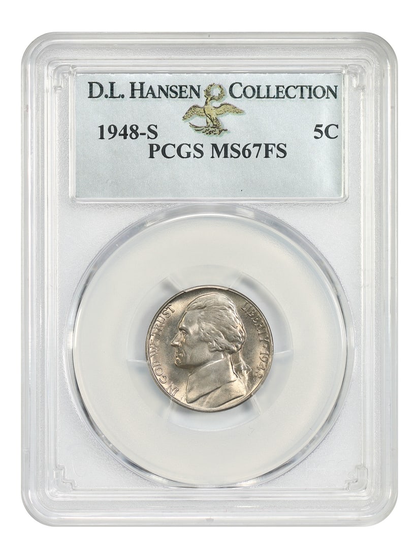 PCGS MS67FS 1948-S Jefferson Nickel ex D.L. Hansen 5C: PCGS MS67FS 1948-S Jefferson Nickel ex D.L. Hansen 5C 1948-S Jefferson Nickel certified by PCGS as MS67FS and pedigreed ex: D.L. Hansen. This uncirculated coin features a crisp, impeccable strike with