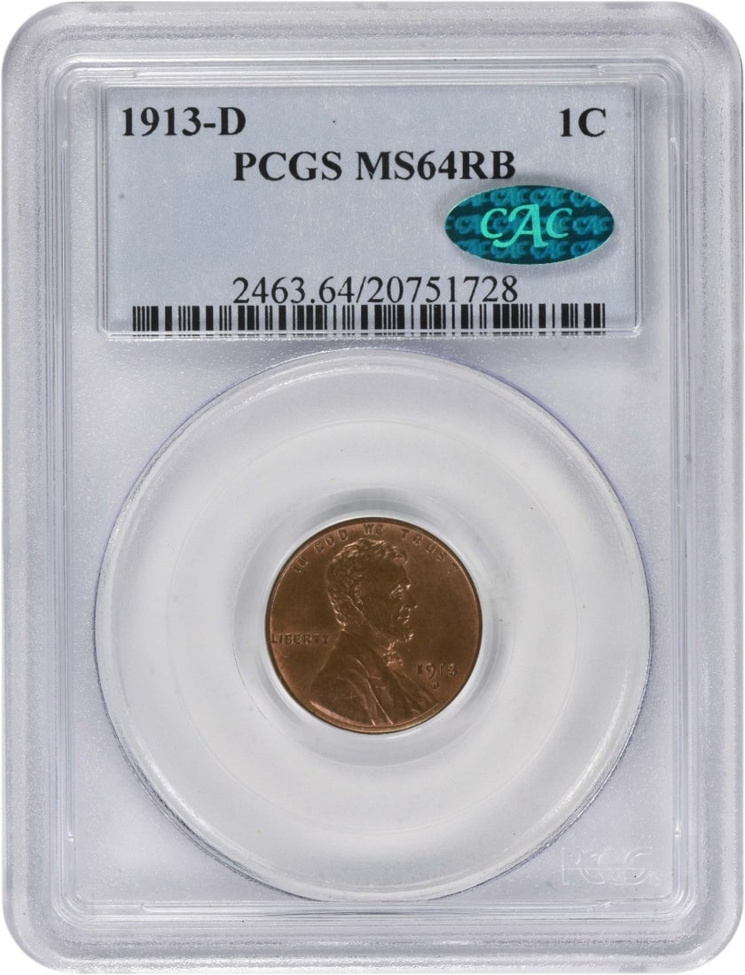 PCGS CAC MS64RB 1913 Denver Mint Lincoln Wheat Copper Cent: PCGS CAC MS64RB 1913 Denver Mint Lincoln Wheat Copper Cent This 1913-D Lincoln Wheat Cent is graded MS64 Red Brown by PCGS and is CAC approved. Struck in copper at the Denver Mint, this uncirculated c