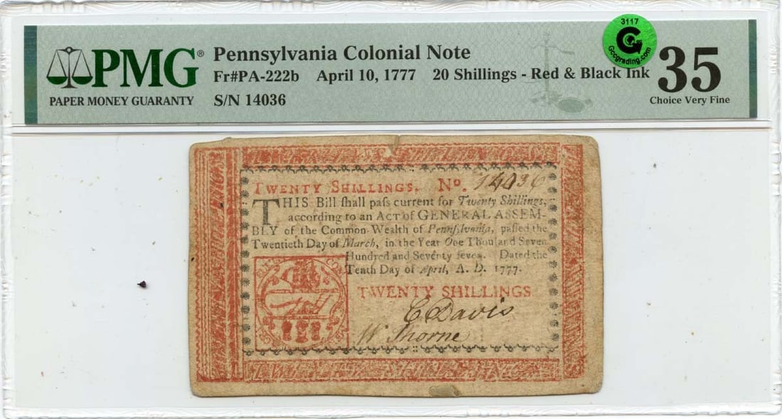 1777 Pennsylvania 20 Shillings Colonial Currency Note PMG VF35 FR PA-222b: 1777 Pennsylvania 20 Shillings Colonial Currency Note PMG VF35 FR PA-222b This is a 1777 April 10, 20 shilling Pennsylvania Colonial Note, designated as FR#PA-222b. The note is certified by PMG with a
