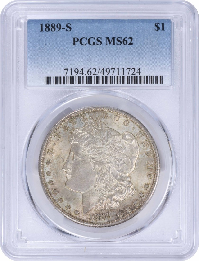 1889-S Morgan Silver Dollar MS62 PCGS Uncirculated Coin: 1889-S Morgan Silver Dollar MS62 PCGS Uncirculated Coin This 1889-S Morgan Silver Dollar, graded MS62 by PCGS, is a remarkable addition to any numismatic collection. Struck in San Francisco, this coin