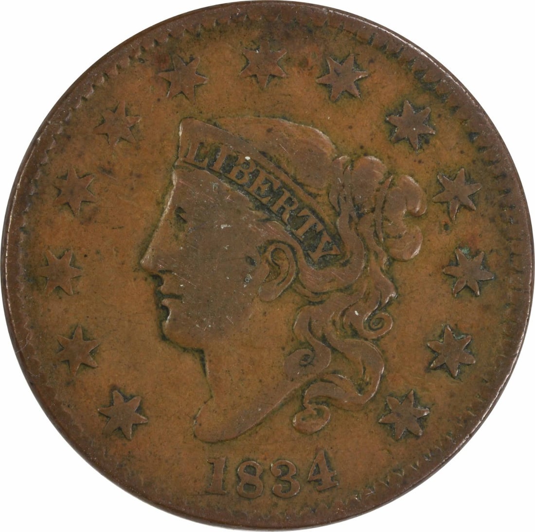 1834 Coronet Head Large Cent F Copper Uncertified: 1834 Coronet Head Large Cent F Copper Uncertified 1834 Large Cent Coronet Head coin. This uncertified, circulated example is graded F and is composed of copper. Pre-owned condition. Specifications Yea